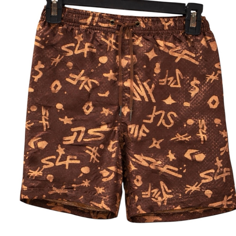 Sleefs Men’s Small Brown Graffiti Print Mesh Athletic Shorts Streetwear